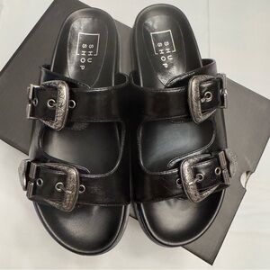 ShuShop Black Dolly Double-Buckle Slide Sandal size 6.5m, NIB